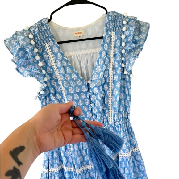 Kemble Shop Cece Pom Pom Blue Bohemian Midi Dress - Picture 5 of 9